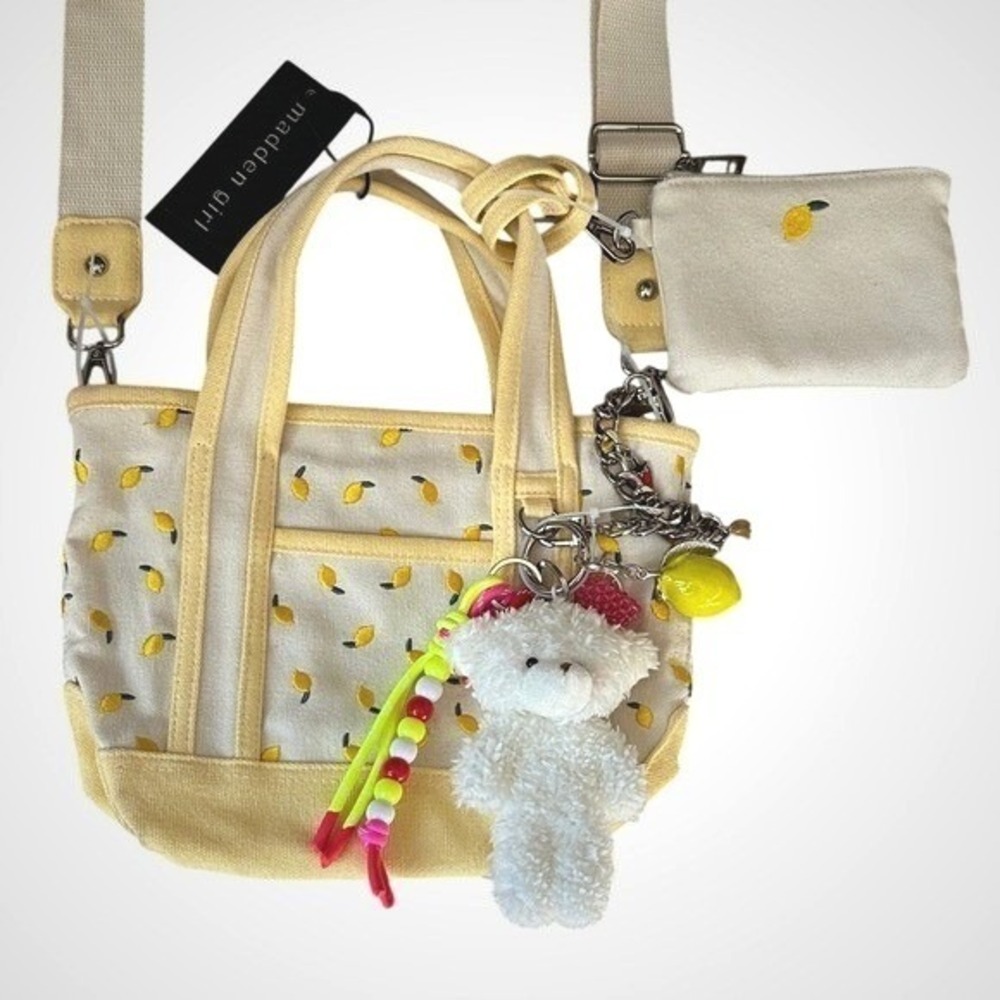 Madden‎ Girl Canvas Lemon Print Mini Tote Bag Crossbody Pouch Charm Set New